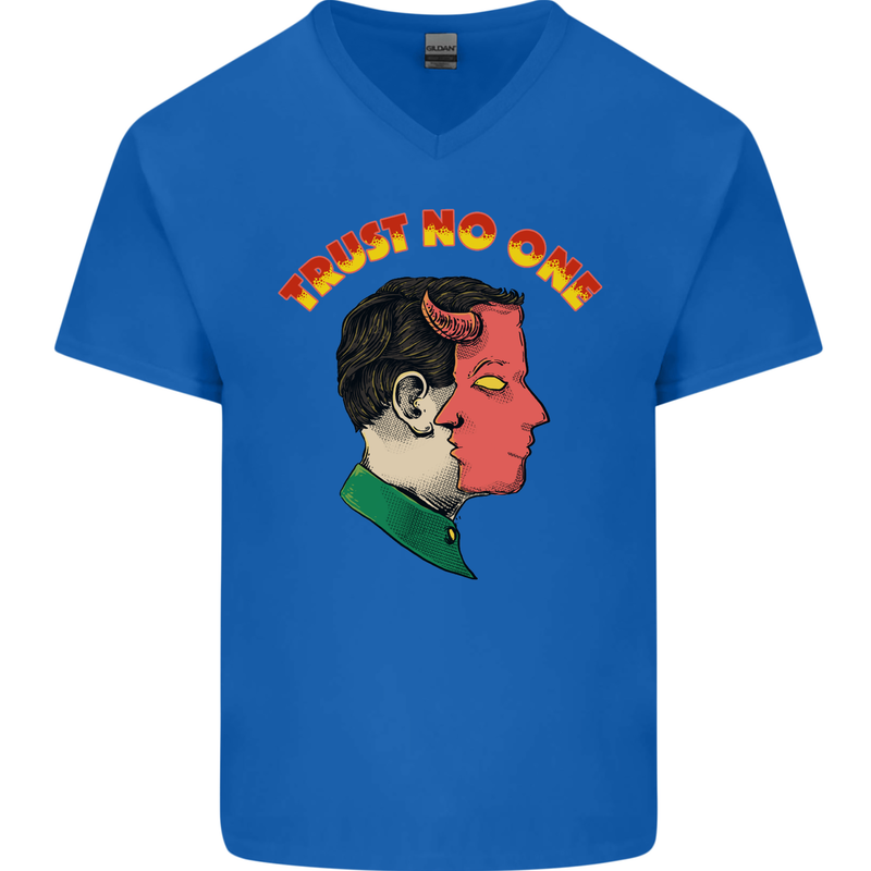 Trust No One Devil Demon 2 Faced Satan Mens V-Neck Cotton T-Shirt Royal Blue