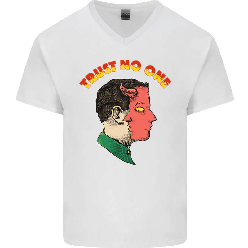 Trust No One Devil Demon 2 Faced Satan Mens V-Neck Cotton T-Shirt White