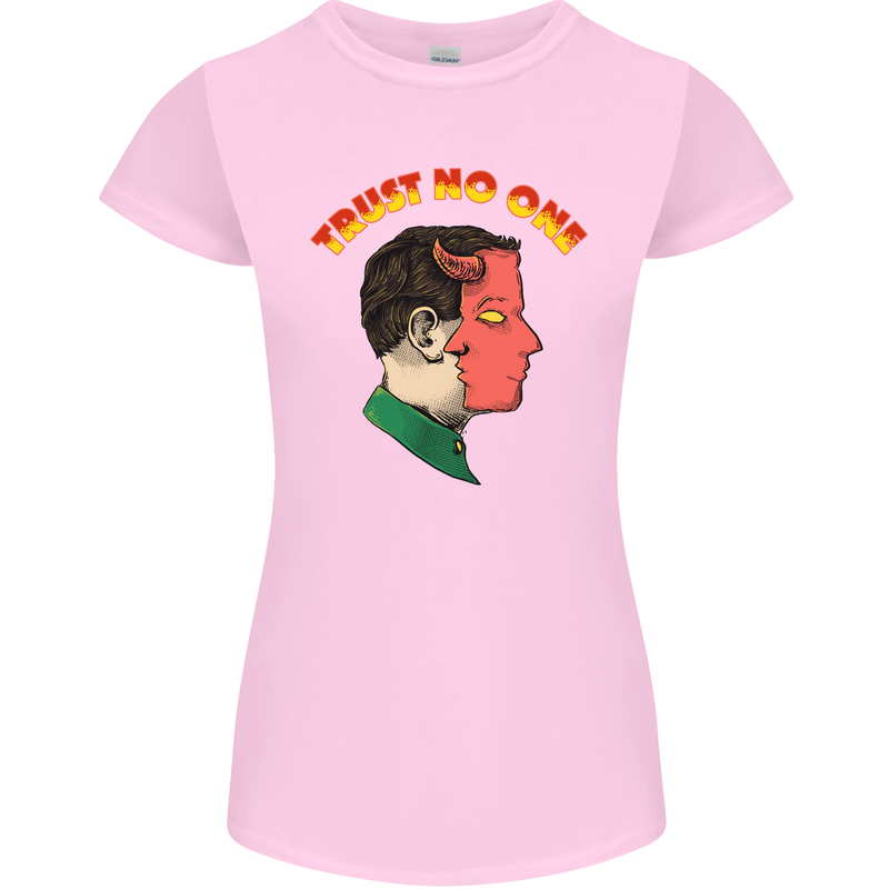 Trust No One Devil Demon 2 Faced Satan Womens Petite Cut T-Shirt Light Pink