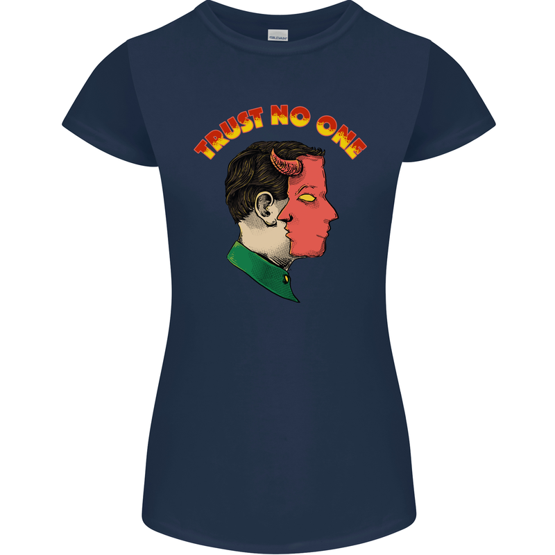 Trust No One Devil Demon 2 Faced Satan Womens Petite Cut T-Shirt Navy Blue