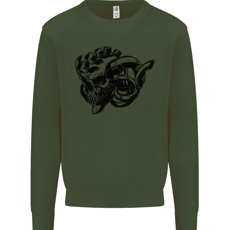 Turbo Skull Car Enthusiast Engine Drifting Kids Sweatshirt Jumper Forest Green