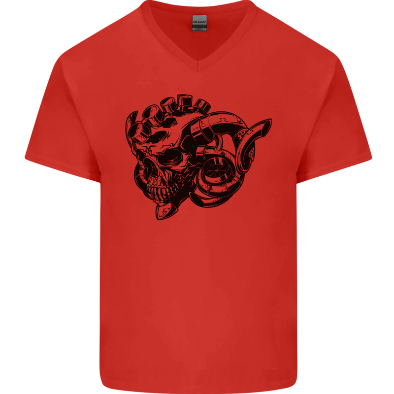 Turbo Skull Car Enthusiast Engine Drifting Mens V-Neck Cotton T-Shirt Red