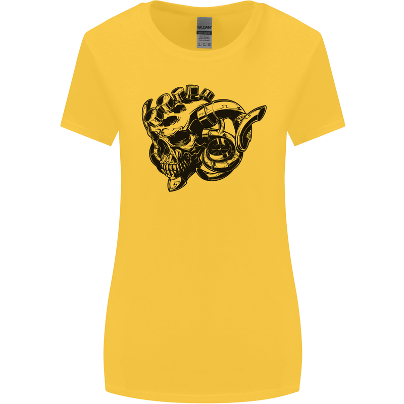 Turbo Skull Car Enthusiast Engine Drifting Womens Wider Cut T-Shirt Yellow
