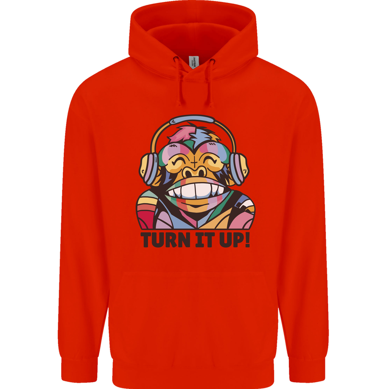 Turn It Up Monkey DJ Headphones Music Childrens Kids Hoodie Bright Red