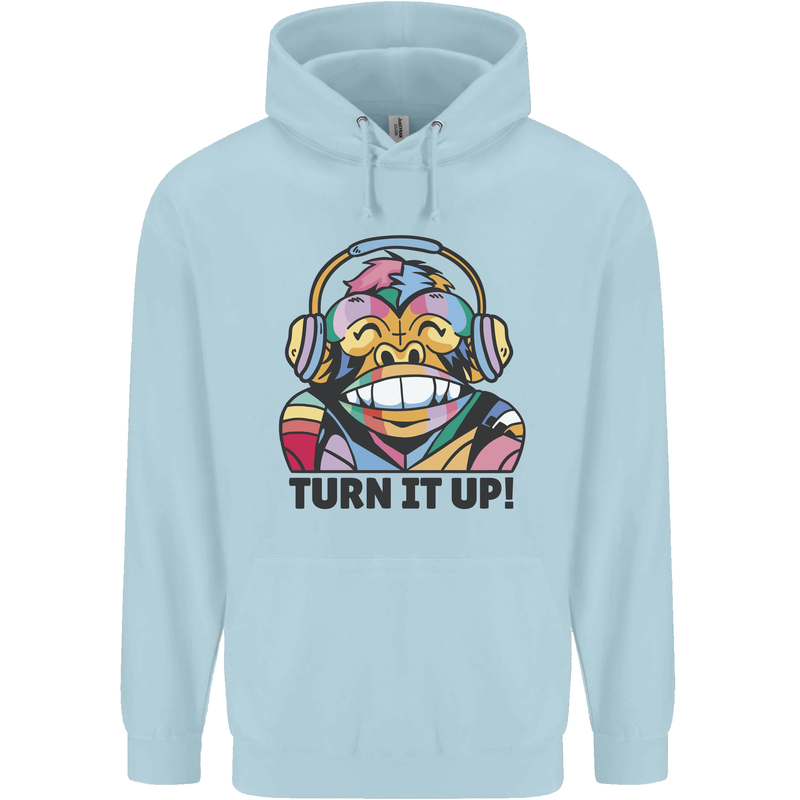 Turn It Up Monkey DJ Headphones Music Childrens Kids Hoodie Light Blue