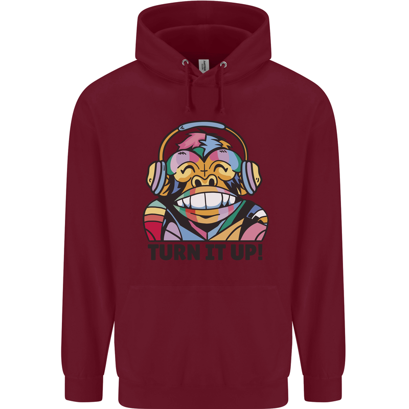 Turn It Up Monkey DJ Headphones Music Childrens Kids Hoodie Maroon