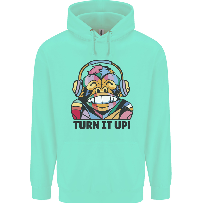 Turn It Up Monkey DJ Headphones Music Childrens Kids Hoodie Peppermint