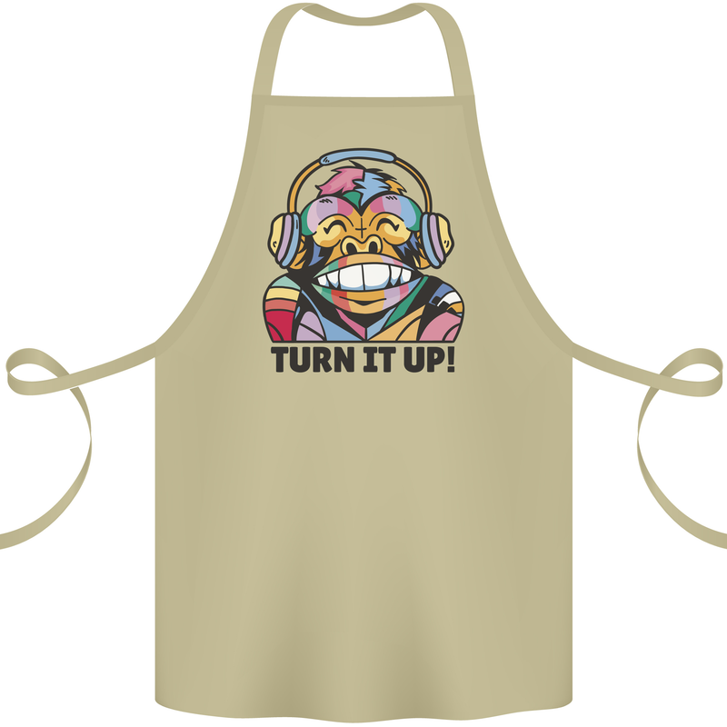 Turn It Up Monkey DJ Headphones Music Cotton Apron 100% Organic Khaki