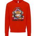 Turn It Up Monkey DJ Headphones Music Kids Sweatshirt Jumper Bright Red