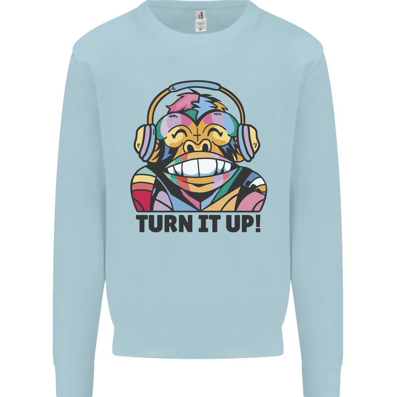 Turn It Up Monkey DJ Headphones Music Kids Sweatshirt Jumper Light Blue