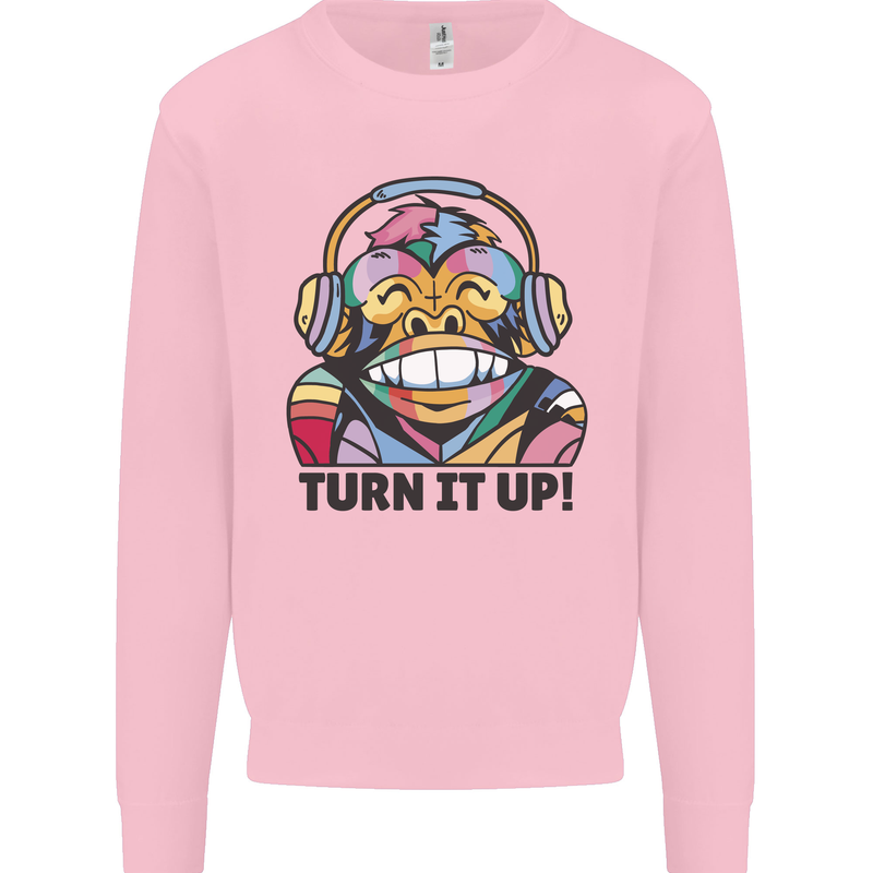 Turn It Up Monkey DJ Headphones Music Kids Sweatshirt Jumper Light Pink