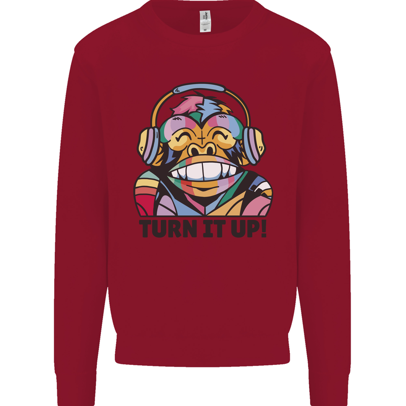 Turn It Up Monkey DJ Headphones Music Kids Sweatshirt Jumper Red