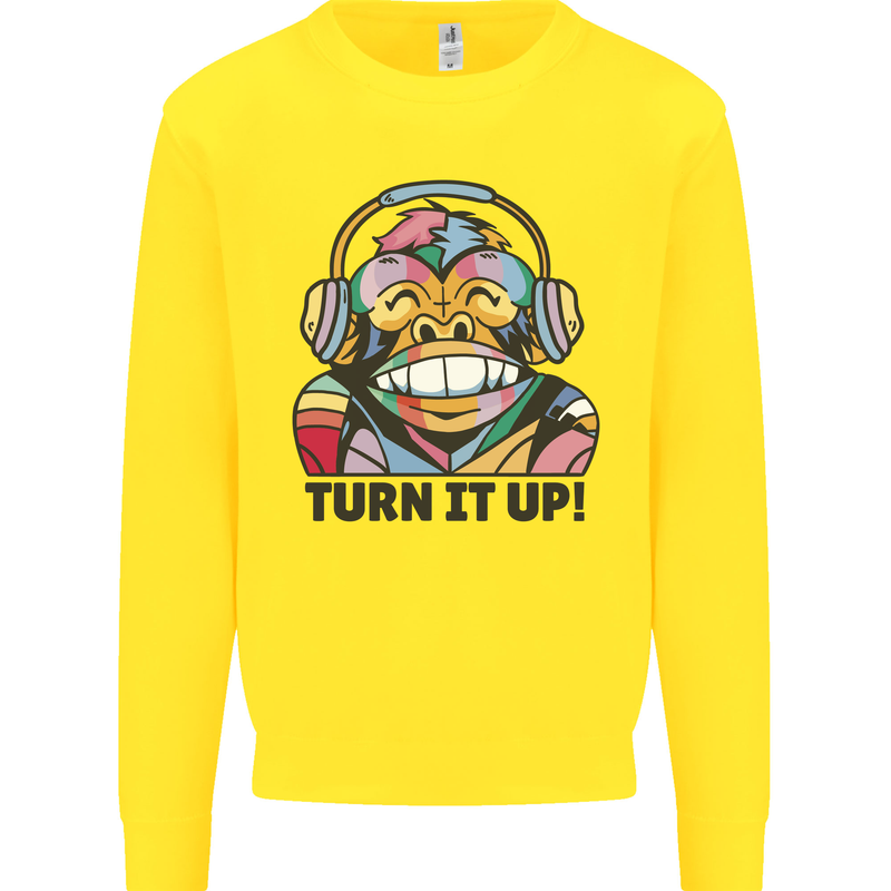 Turn It Up Monkey DJ Headphones Music Kids Sweatshirt Jumper Yellow