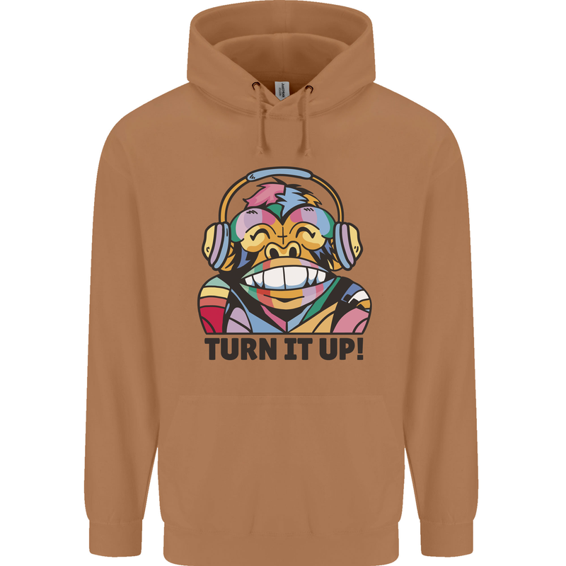 Turn It Up Monkey DJ Headphones Music Mens 80% Cotton Hoodie Caramel Latte
