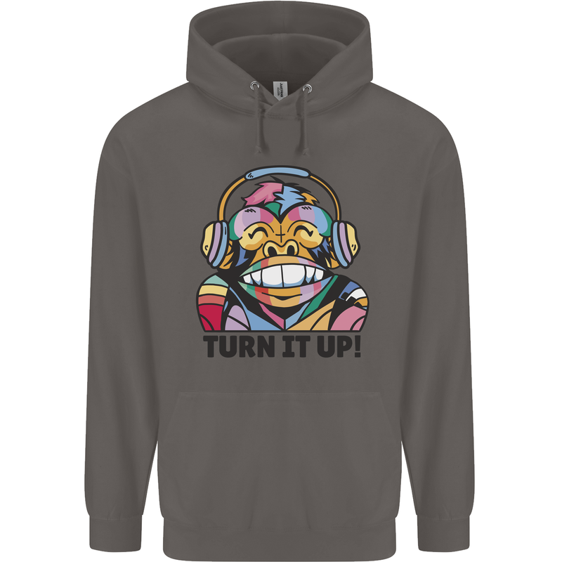 Turn It Up Monkey DJ Headphones Music Mens 80% Cotton Hoodie Charcoal