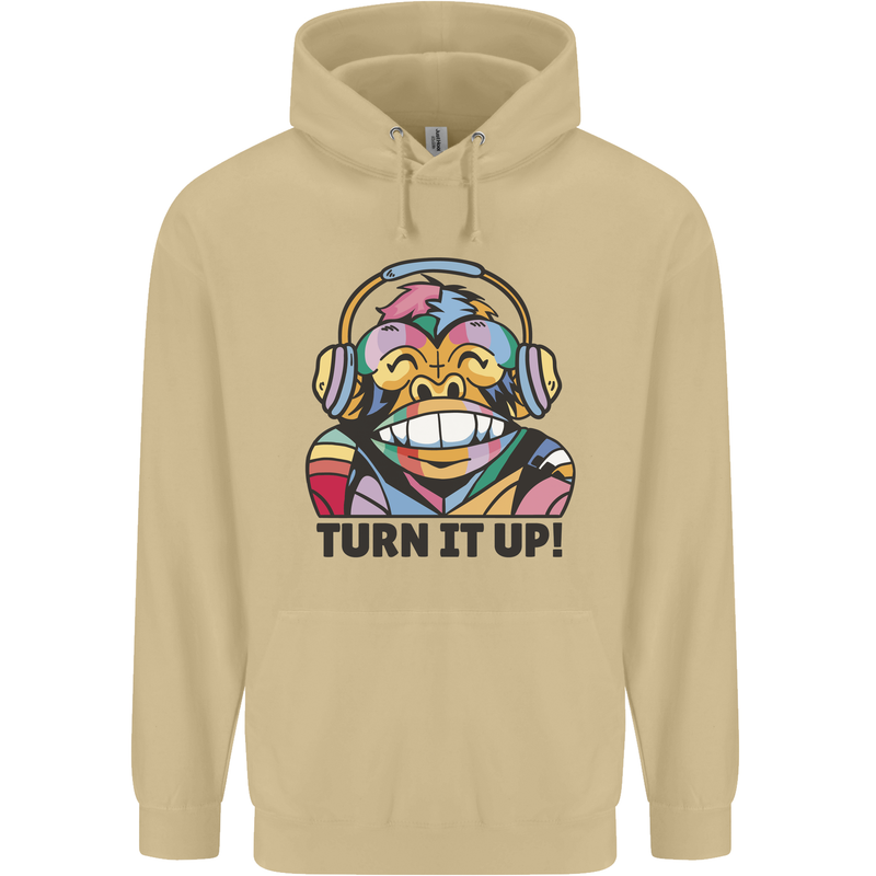 Turn It Up Monkey DJ Headphones Music Mens 80% Cotton Hoodie Sand