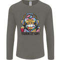 Turn It Up Monkey DJ Headphones Music Mens Long Sleeve T-Shirt Charcoal