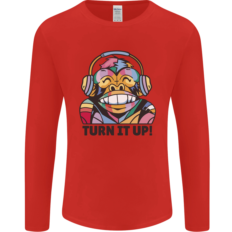 Turn It Up Monkey DJ Headphones Music Mens Long Sleeve T-Shirt Red