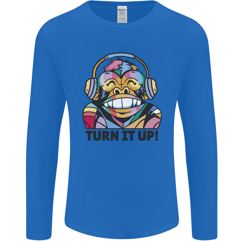 Turn It Up Monkey DJ Headphones Music Mens Long Sleeve T-Shirt Royal Blue