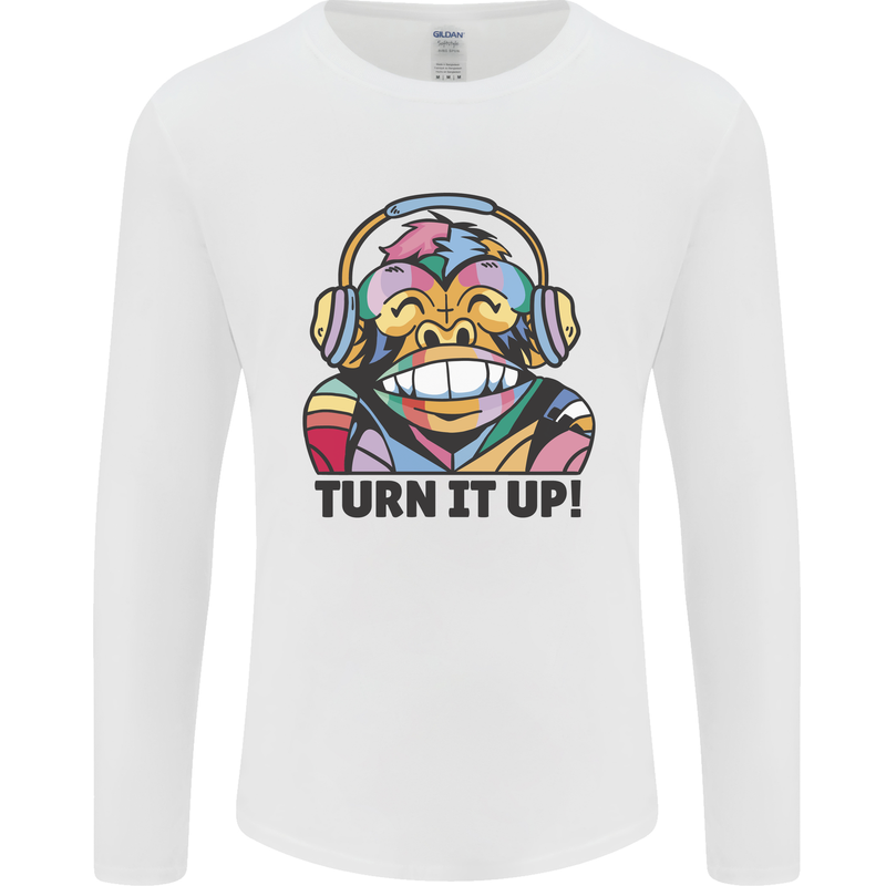 Turn It Up Monkey DJ Headphones Music Mens Long Sleeve T-Shirt White