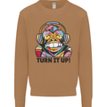 Turn It Up Monkey DJ Headphones Music Mens Sweatshirt Jumper Caramel Latte