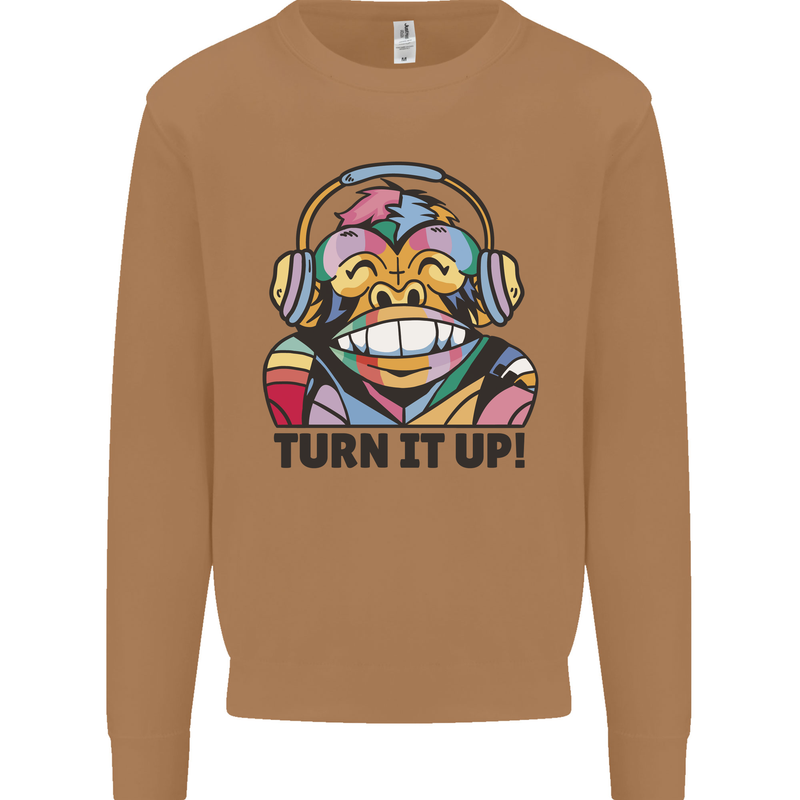 Turn It Up Monkey DJ Headphones Music Mens Sweatshirt Jumper Caramel Latte