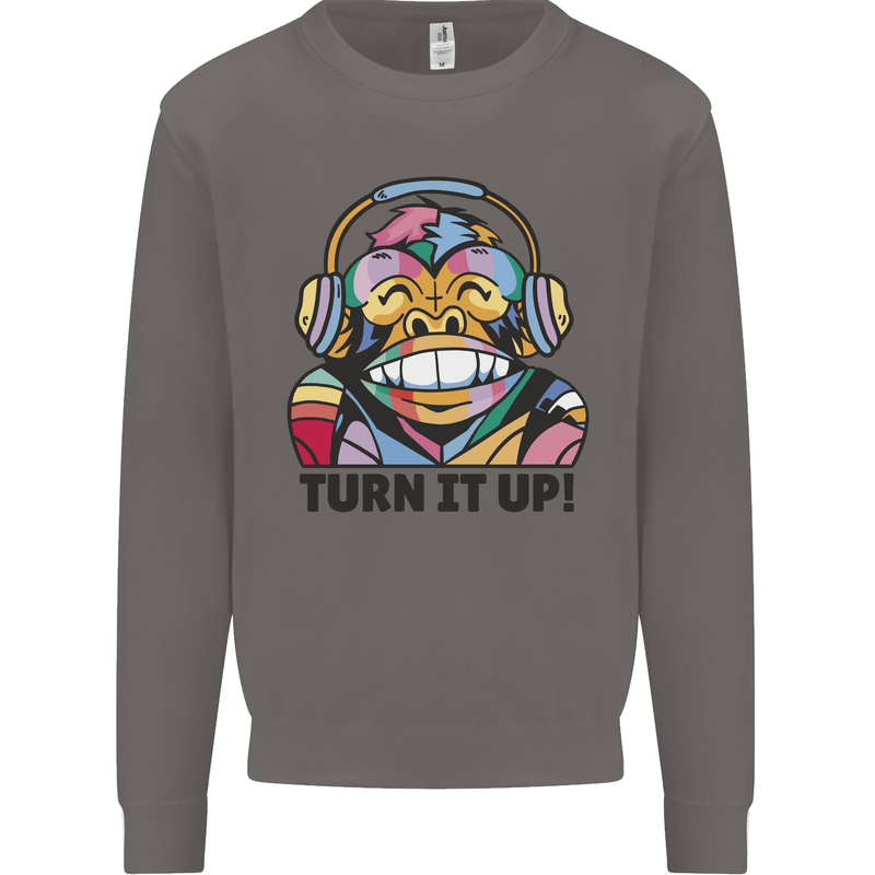 Turn It Up Monkey DJ Headphones Music Mens Sweatshirt Jumper Charcoal