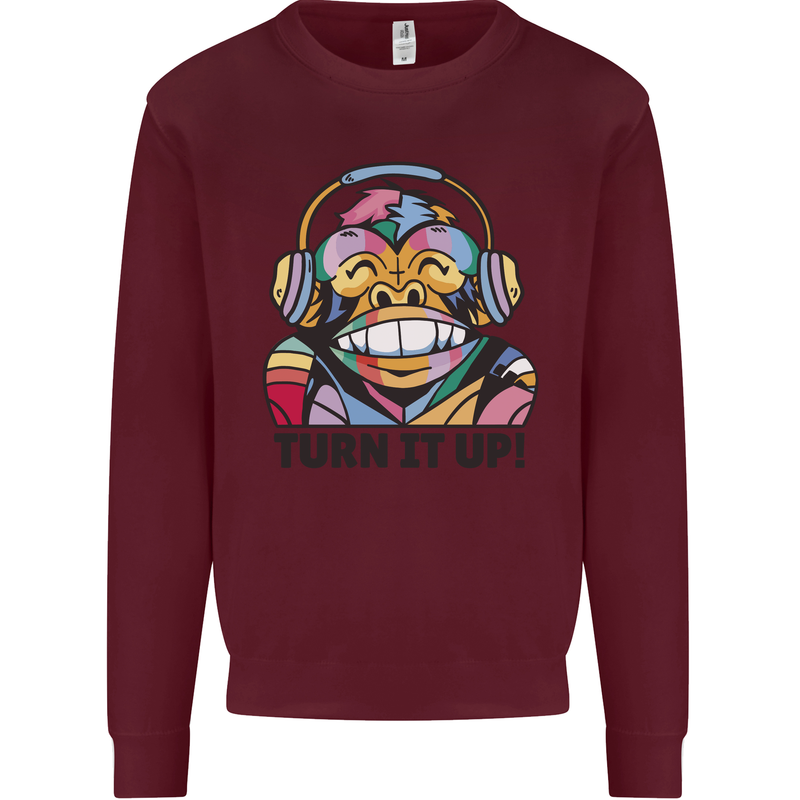 Turn It Up Monkey DJ Headphones Music Mens Sweatshirt Jumper Maroon