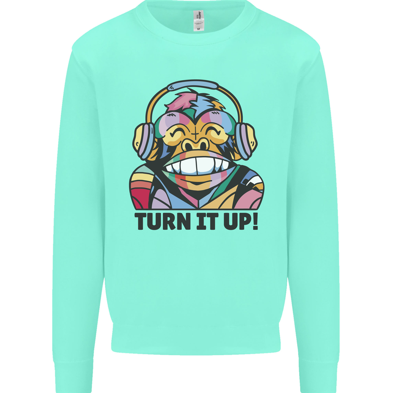 Turn It Up Monkey DJ Headphones Music Mens Sweatshirt Jumper Peppermint