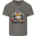 Turn It Up Monkey DJ Headphones Music Mens V-Neck Cotton T-Shirt Charcoal