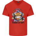 Turn It Up Monkey DJ Headphones Music Mens V-Neck Cotton T-Shirt Red