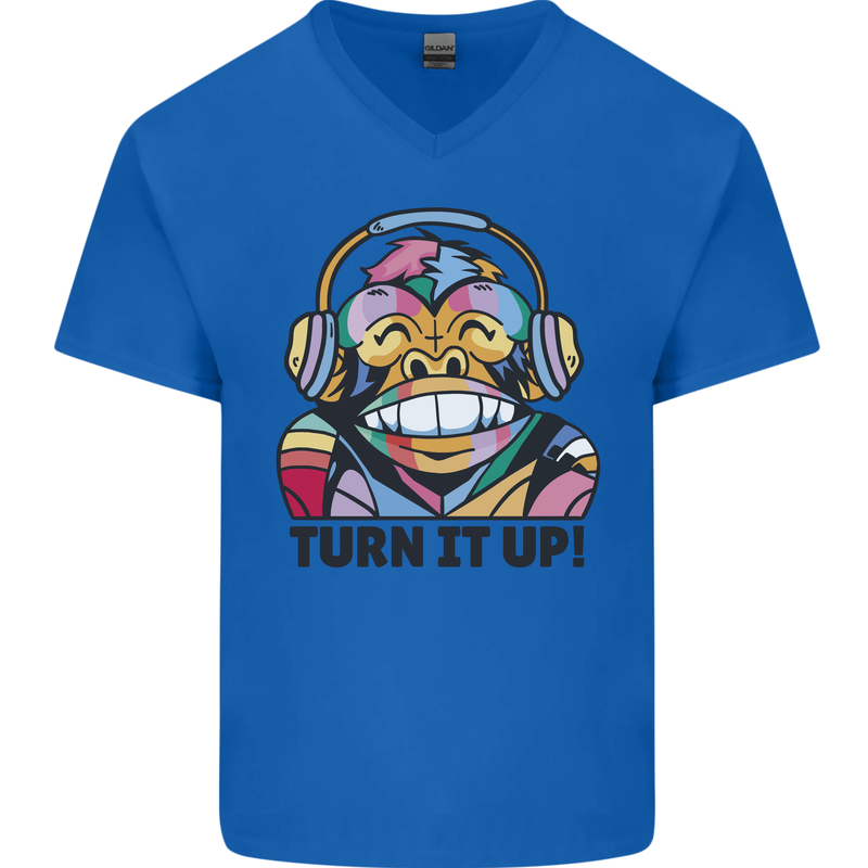 Turn It Up Monkey DJ Headphones Music Mens V-Neck Cotton T-Shirt Royal Blue