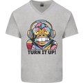 Turn It Up Monkey DJ Headphones Music Mens V-Neck Cotton T-Shirt Sports Grey