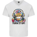 Turn It Up Monkey DJ Headphones Music Mens V-Neck Cotton T-Shirt White