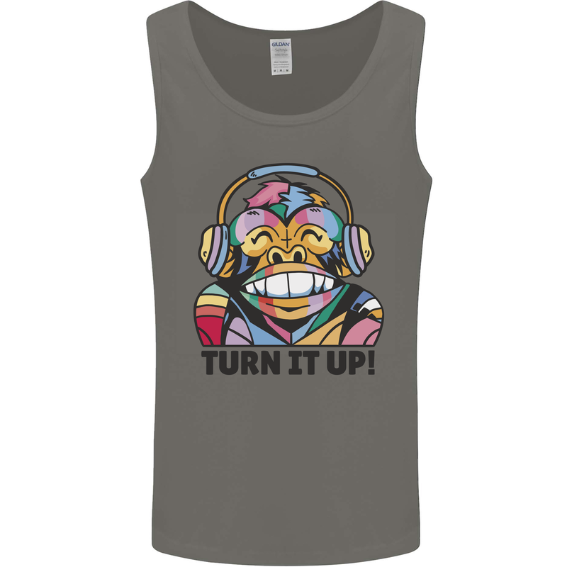 Turn It Up Monkey DJ Headphones Music Mens Vest Tank Top Charcoal