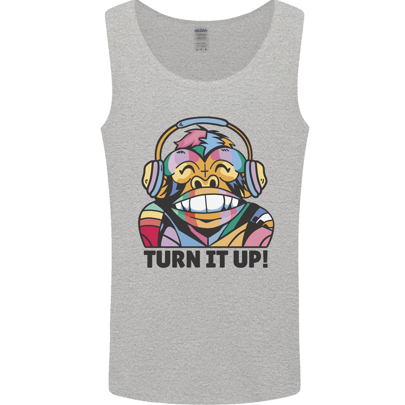 Turn It Up Monkey DJ Headphones Music Mens Vest Tank Top Sports Grey