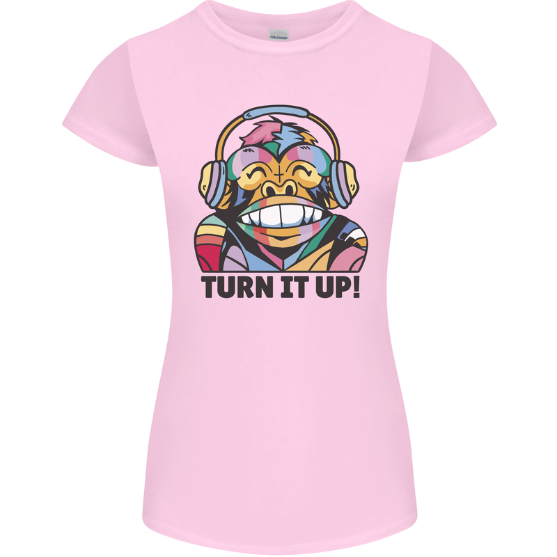 Turn It Up Monkey DJ Headphones Music Womens Petite Cut T-Shirt Light Pink