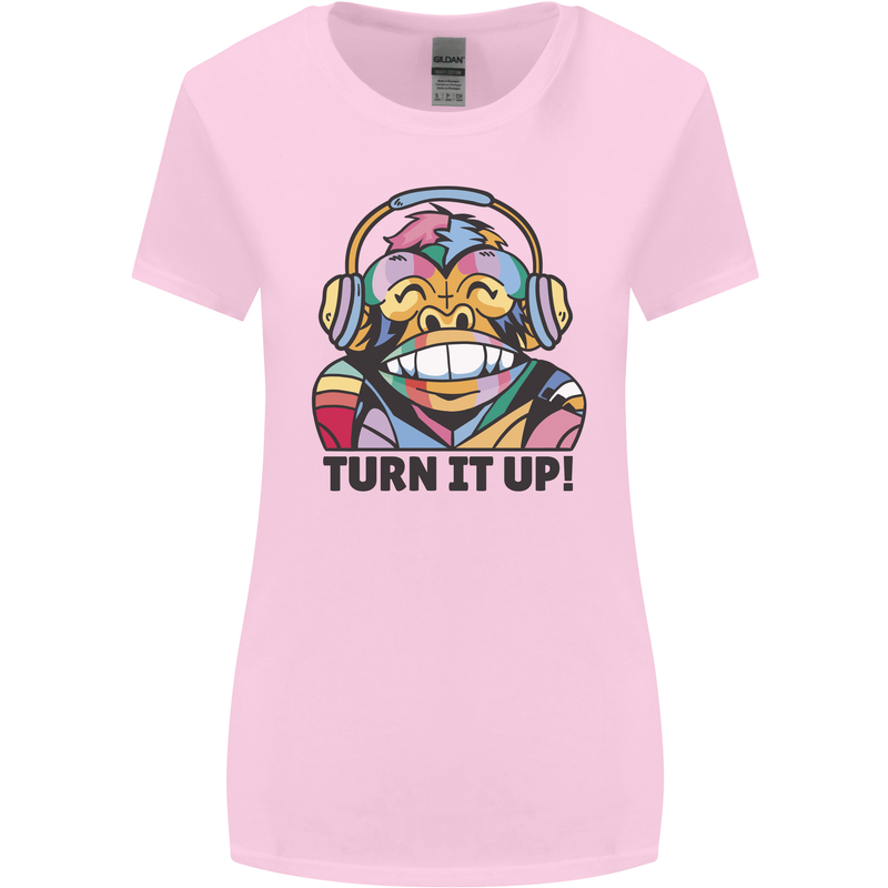 Turn It Up Monkey DJ Headphones Music Womens Wider Cut T-Shirt Light Pink