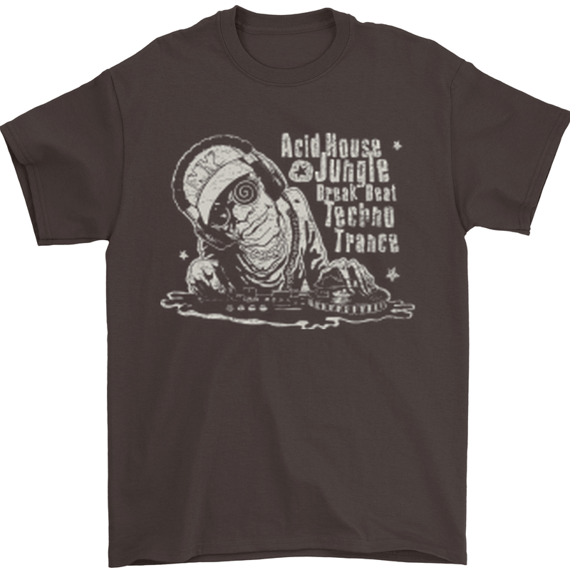 Twisted DJ Decks Vinyl DJing Acid House Mens T-Shirt Cotton Gildan Dark Chocolate