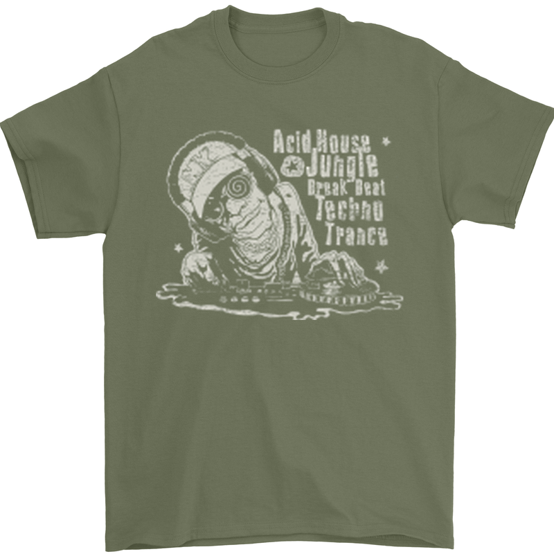 Twisted DJ Decks Vinyl DJing Acid House Mens T-Shirt Cotton Gildan Military Green