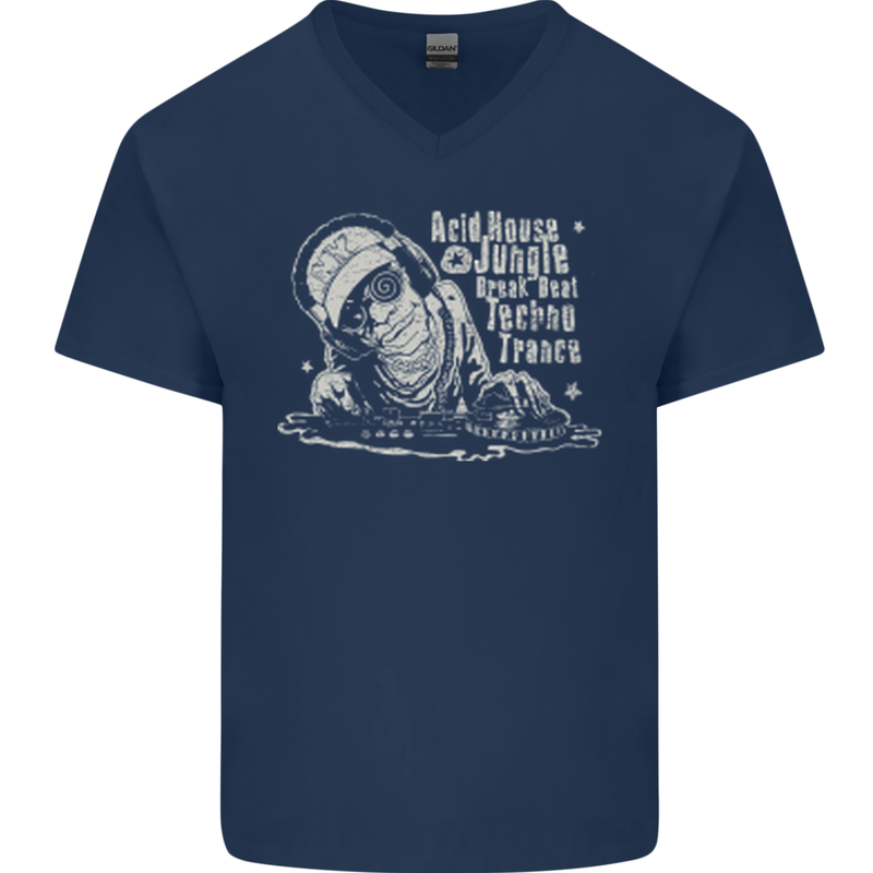 Twisted DJ Decks Vinyl DJing Acid House Mens V-Neck Cotton T-Shirt Navy Blue