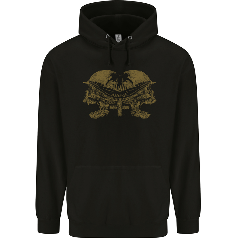 Two Army Skulls Gothic Biker Heavy Metal Rock Childrens Kids Hoodie Black