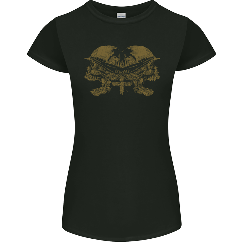 Two Army Skulls Gothic Biker Heavy Metal Rock Womens Petite Cut T-Shirt Black