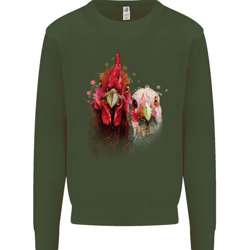 Two Colourful Chickens Watercolour Mens Sweatshirt Jumper Forest Green
