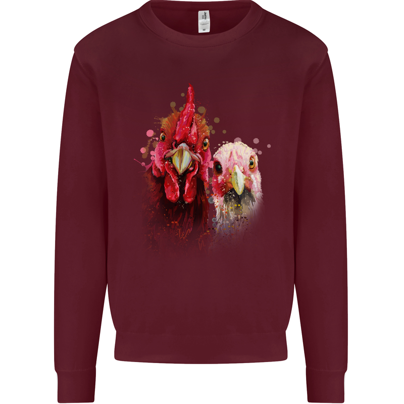 Two Colourful Chickens Watercolour Mens Sweatshirt Jumper Maroon