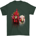 Two Colourful Chickens Watercolour Mens T-Shirt Cotton Gildan Forest Green