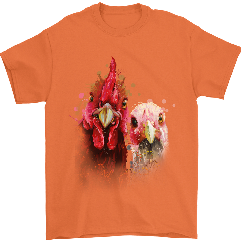 Two Colourful Chickens Watercolour Mens T-Shirt Cotton Gildan Orange