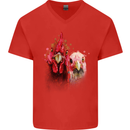 Two Colourful Chickens Watercolour Mens V-Neck Cotton T-Shirt Red
