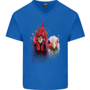 Two Colourful Chickens Watercolour Mens V-Neck Cotton T-Shirt Royal Blue