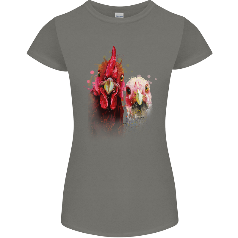 Two Colourful Chickens Watercolour Womens Petite Cut T-Shirt Charcoal